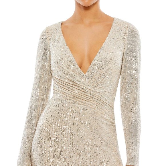 MAC DUGGAL IEENA Sequined Faux Wrap Long Sleeve Gown Size 8 NWT Nude Silver 0064 - Picture 2 of 16